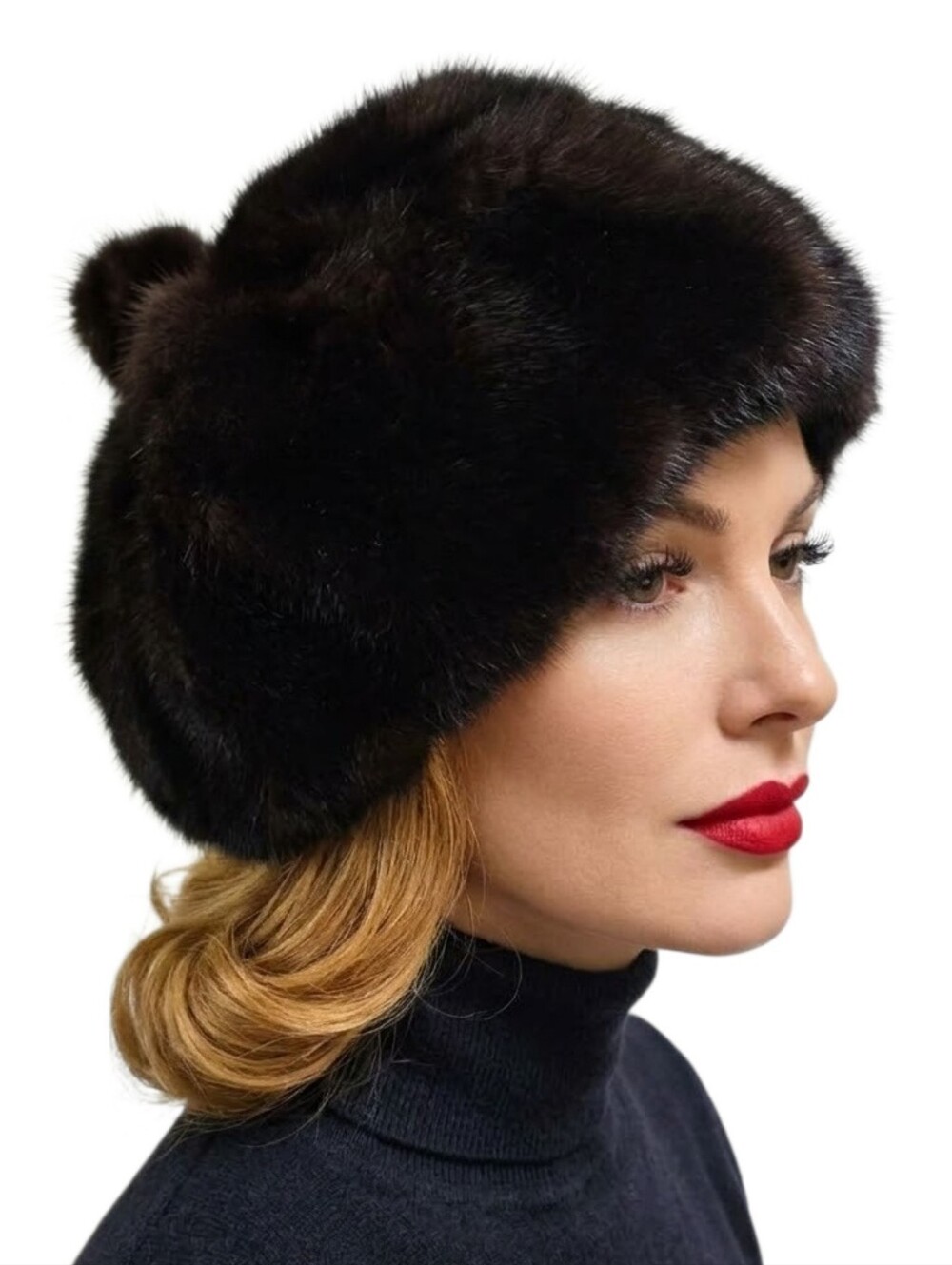 Vintage 70s Real Mink Fur Hat Dark Brown Cap Beret Warm Custom Made Luxury Black